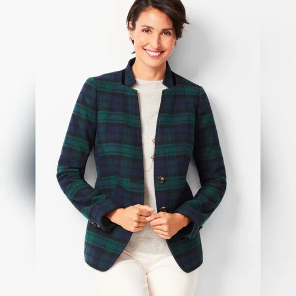 Talbots Black Watch Velvet Trim Plaid Blue & Green Holiday Wool Blend Blazer 12 - Picture 2 of 10